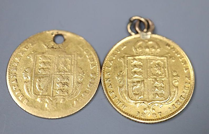 Two Victoria gold half sovereigns including 1887, one drilled and one now with pendant mount,